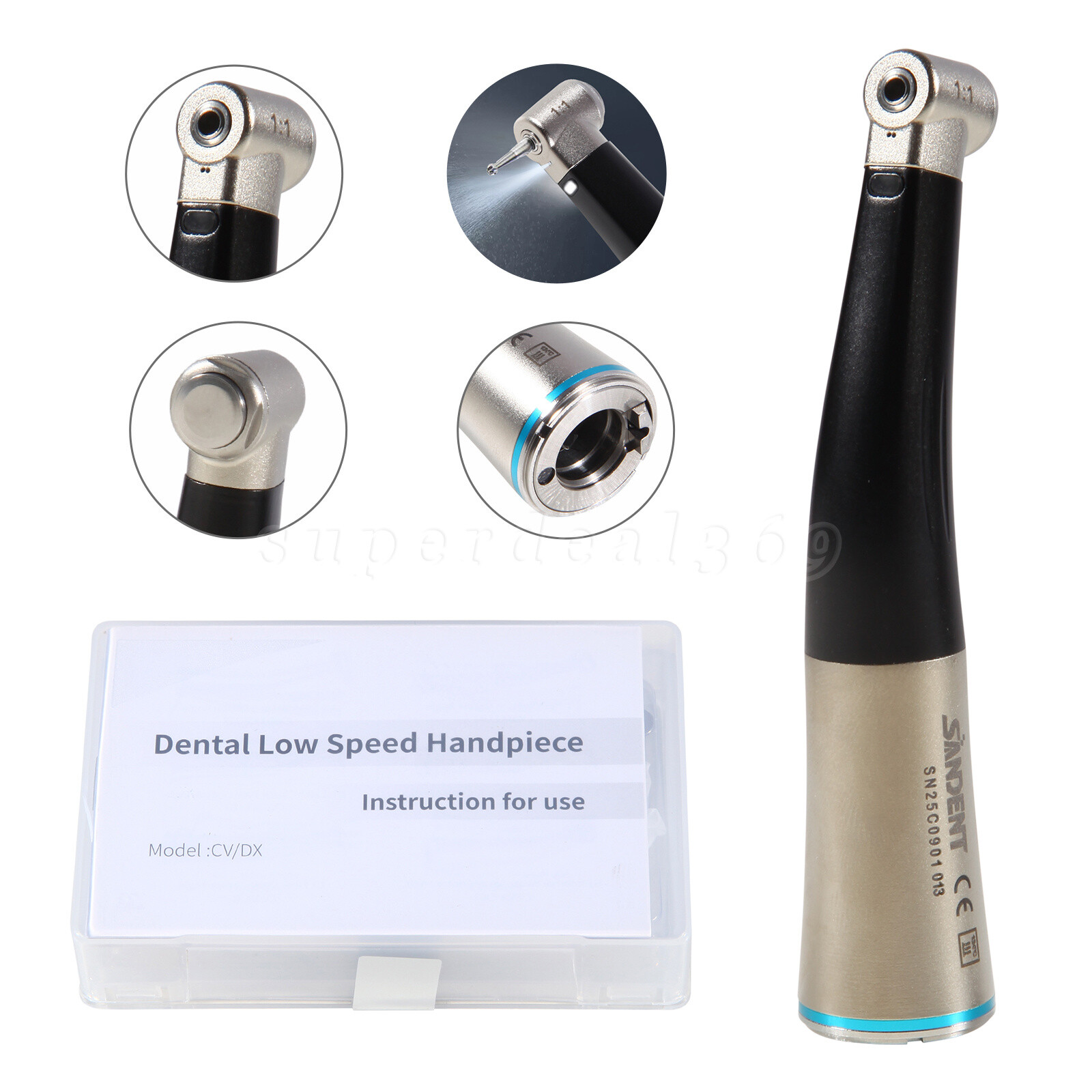 SANDENT Dental 1:1 Fiber Optic Contra Angle Low Speed Handpiece Inner Channel ty