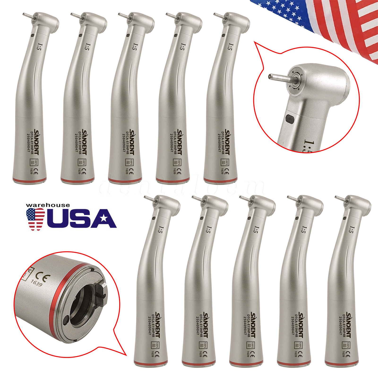 NSK Ti-MAX X95L Style Dental 1:5 LED Fiber Optic Contra Angle Handpiece Red Ring