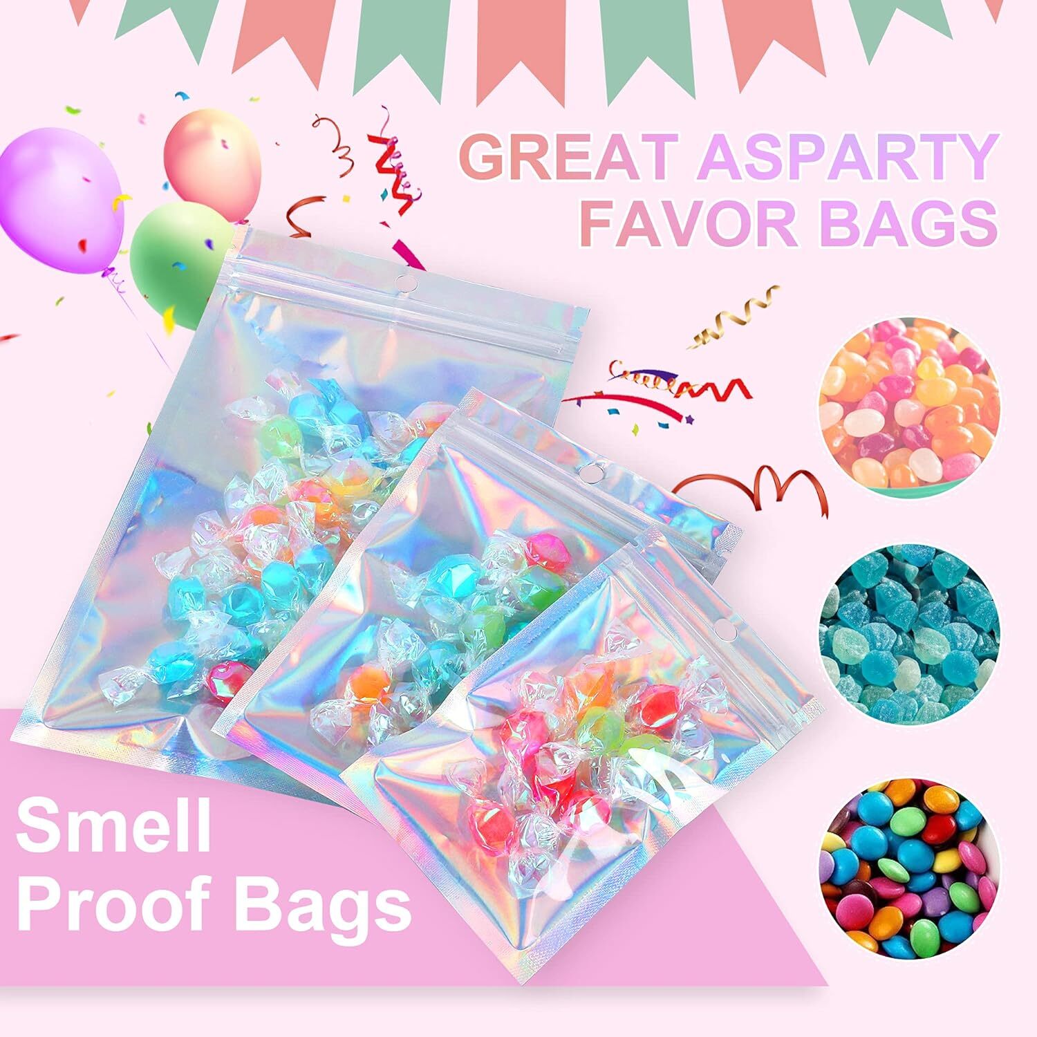 100-400 Smell Proof Mylar Bags Holographic Resealable Food Ziplock Foil Pouches