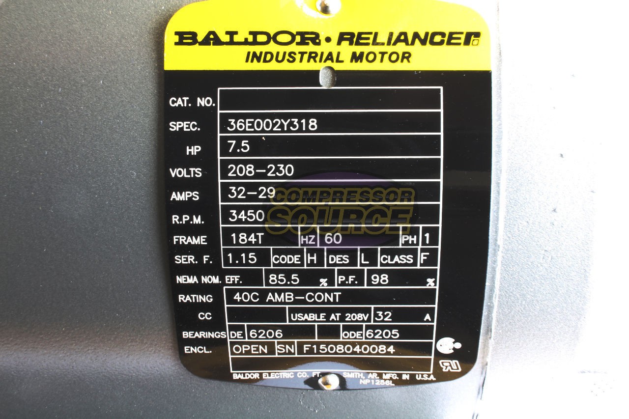 Baldor 7.5 Hp Electric Motor 3450 RPM 184 T Frame 1 Ph Single Phase 208/230 Volt
