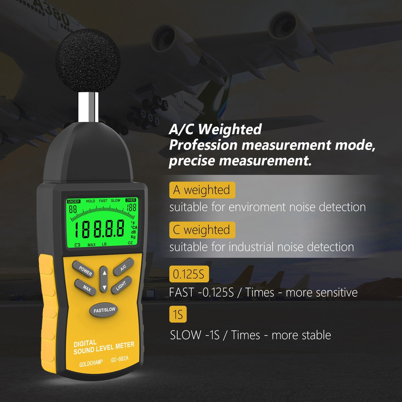 Digital Sound Level Meter 30-130DB Noise Volume Decibel Tester A/C Fast/Slow US