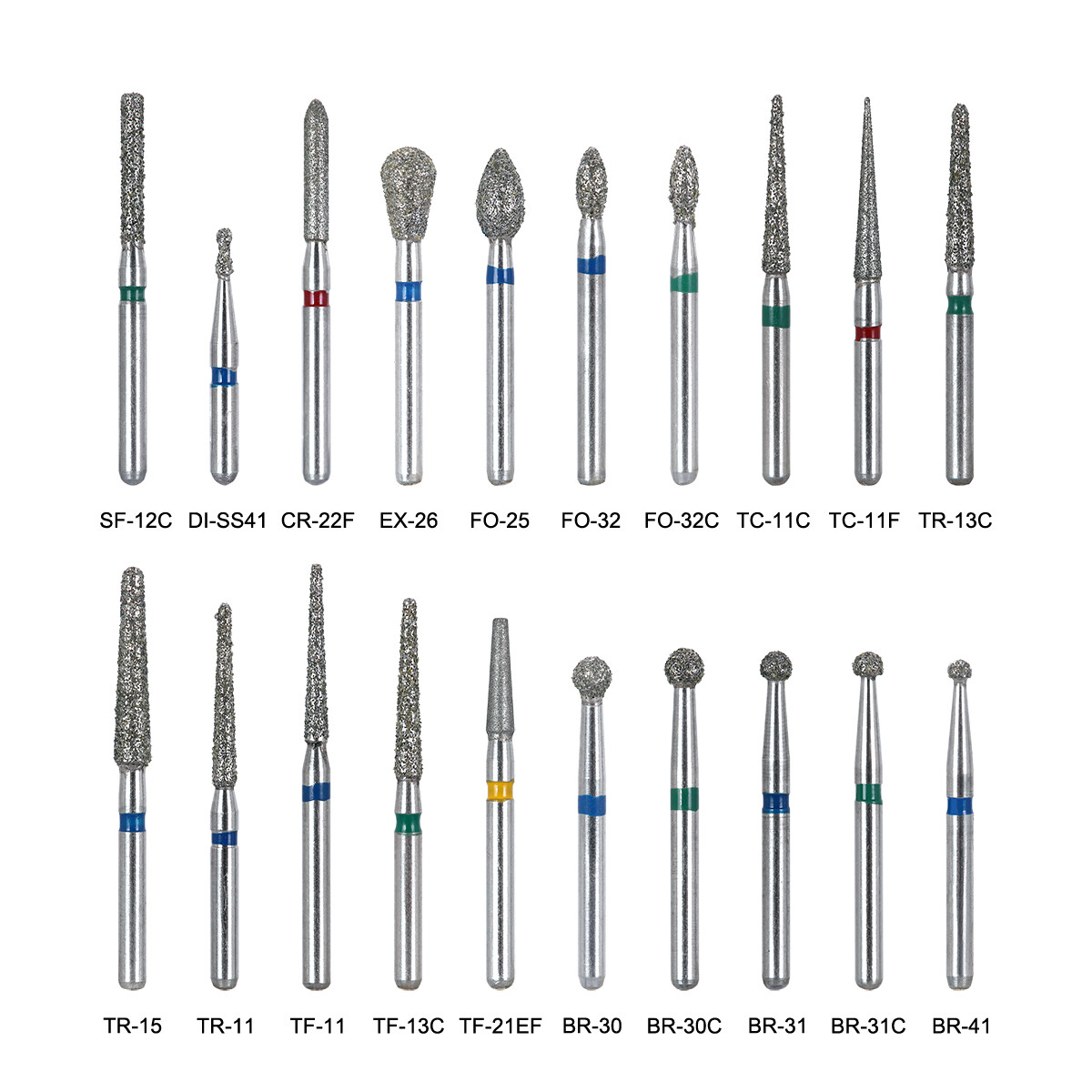 100piezas 20tipos Fresas de diamante medianas dentales FG 1.6 mm Bur BR/TR/TF/EX