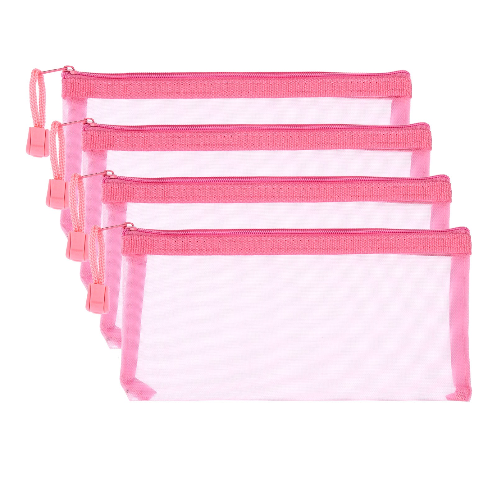 4Pcs Mesh Zipper Bags, A6 Travel Cases Nylon Makeup Pouches, Pink