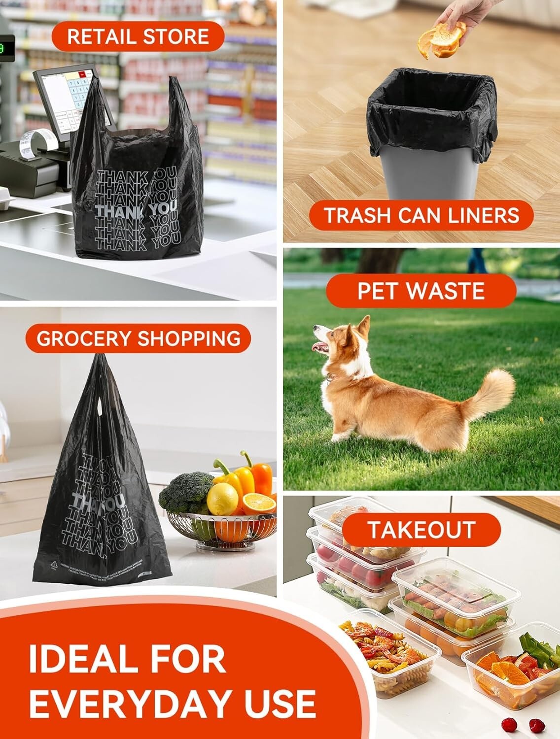 Thank You Plastic Bags, 12″ X 6″ X 22″, 1/6 barrel Black Grocery Bags
