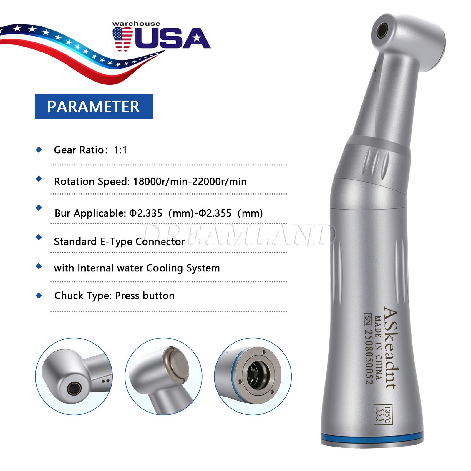 ASkeadnt Low Speed Handpiece 1:1 Inner Channel Contra Angle Max40, 000rpm
