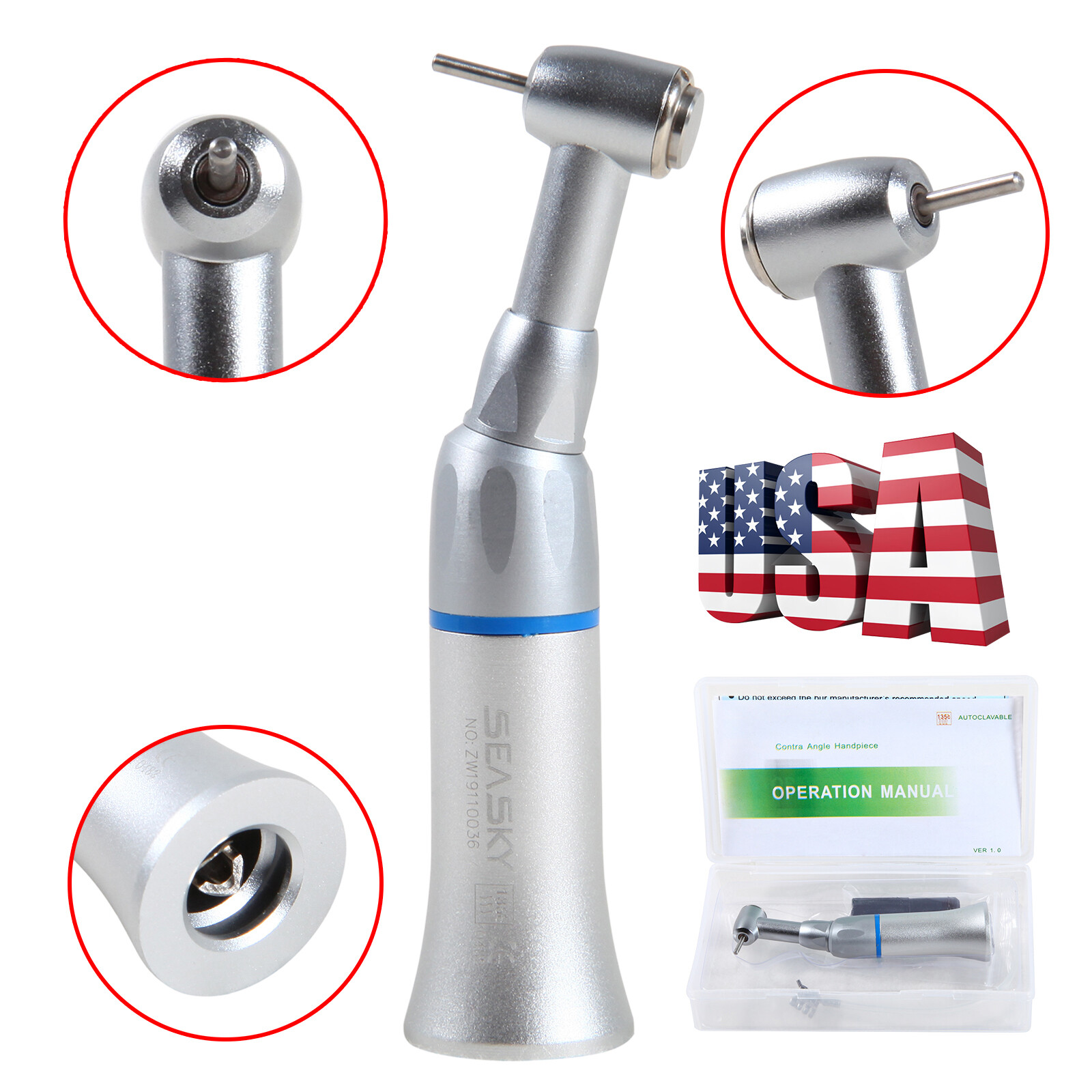 1-5* Dental Low Speed Contra Angle Handpiece Push Button Fit FG 1.6mm Burs YAG