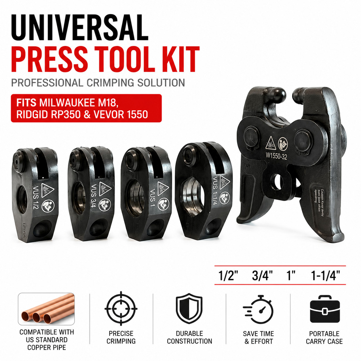 Rotating Press Jaws Set 1/2″ 3/4″ 1″ 1-1/4″for Milwaukee Ridgid US Warehouse
