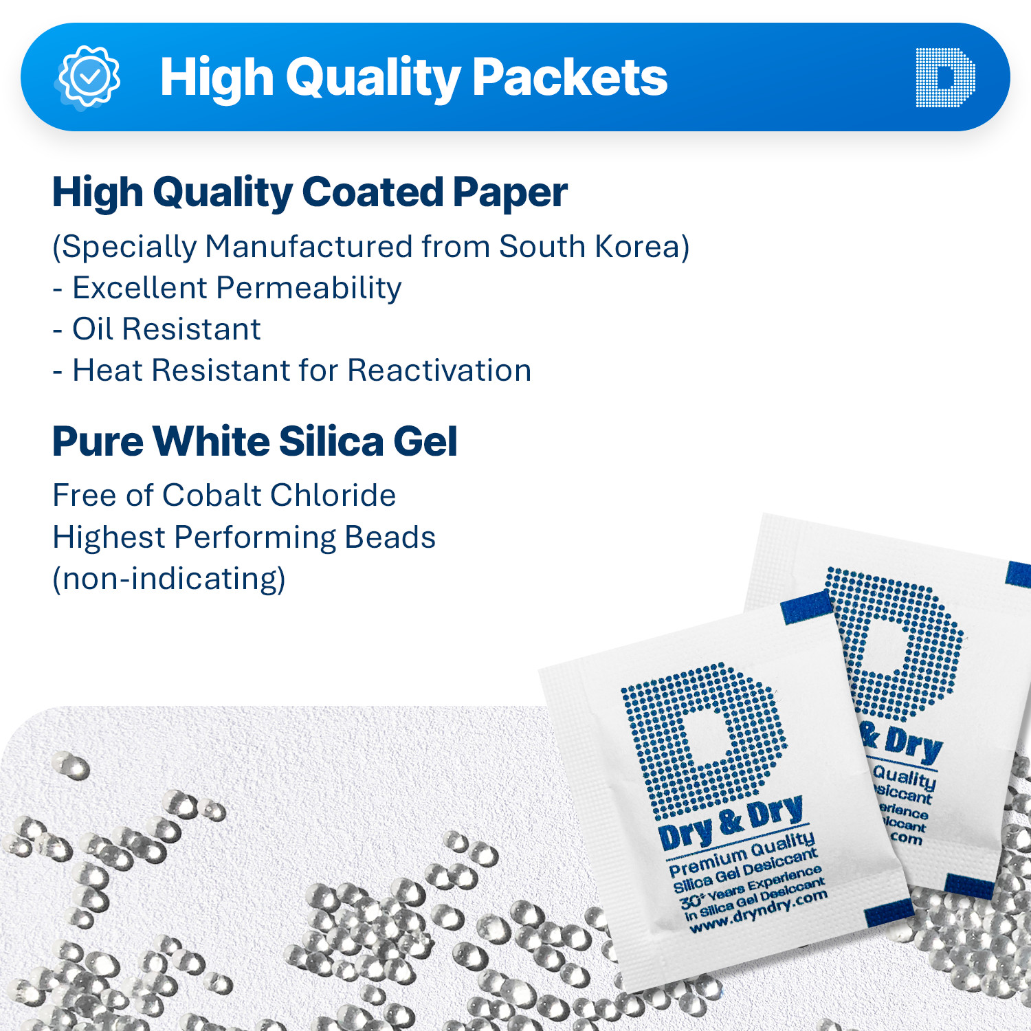 3 gram X 50 PK “Dry & Dry” Silica Gel Desiccant Packets(Reusable)-FDA Compliant