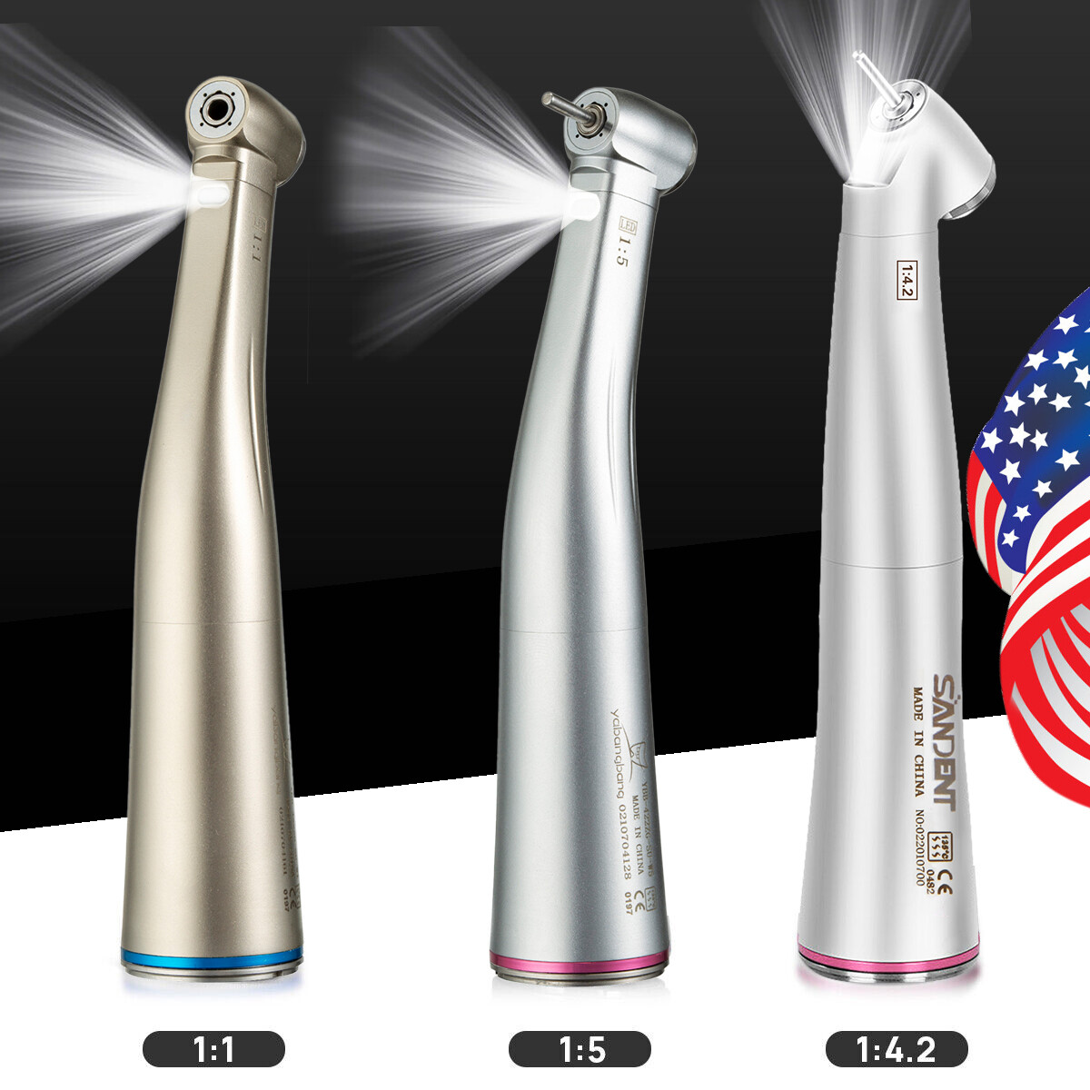 YBB Dental Electric Contra Angle Handpiece 1:1 1:5 45° Surgical Fiber Optic LED