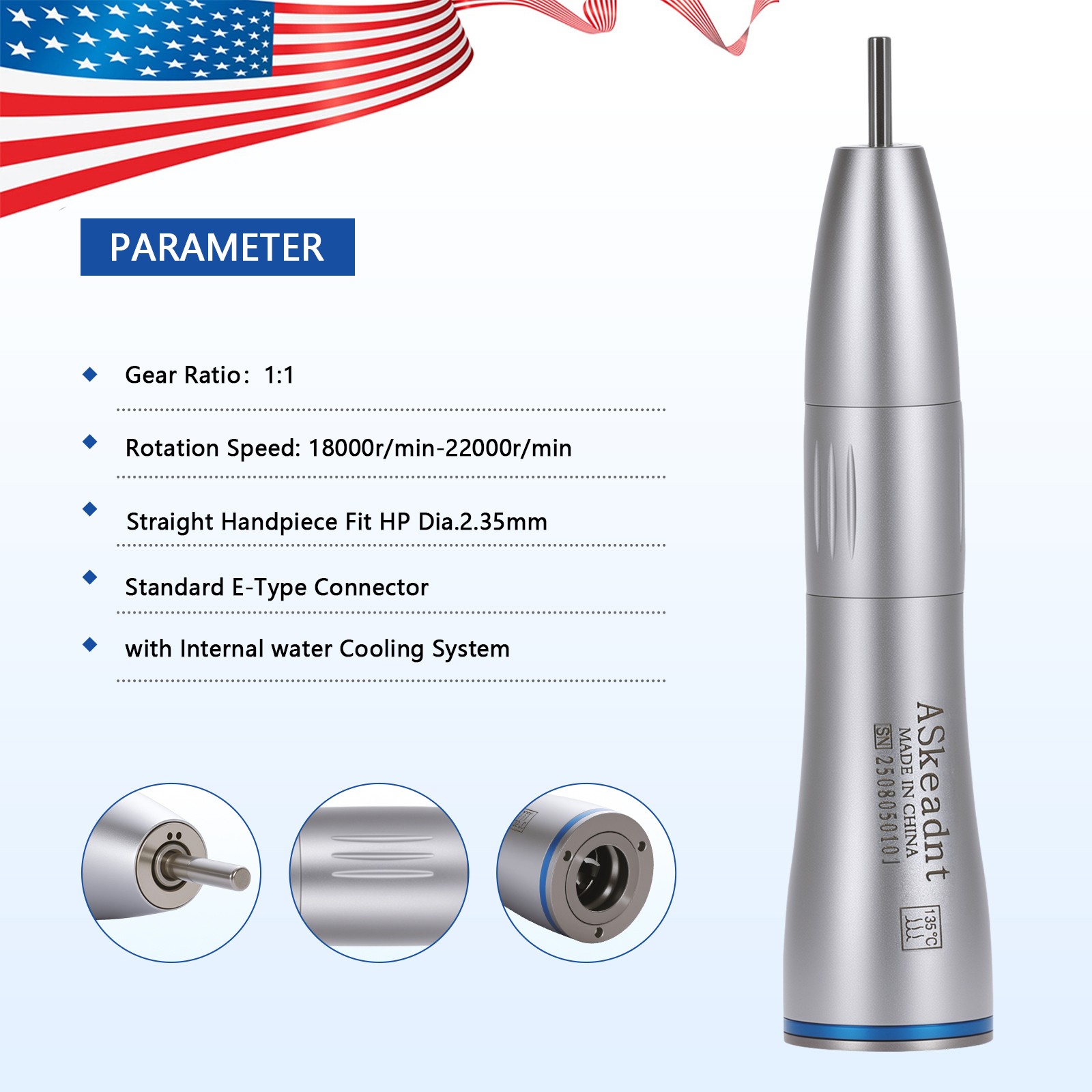 1-10 Dental Internal Water Spray Straight Nosecone Low Speed Handpiece ASkeadnt