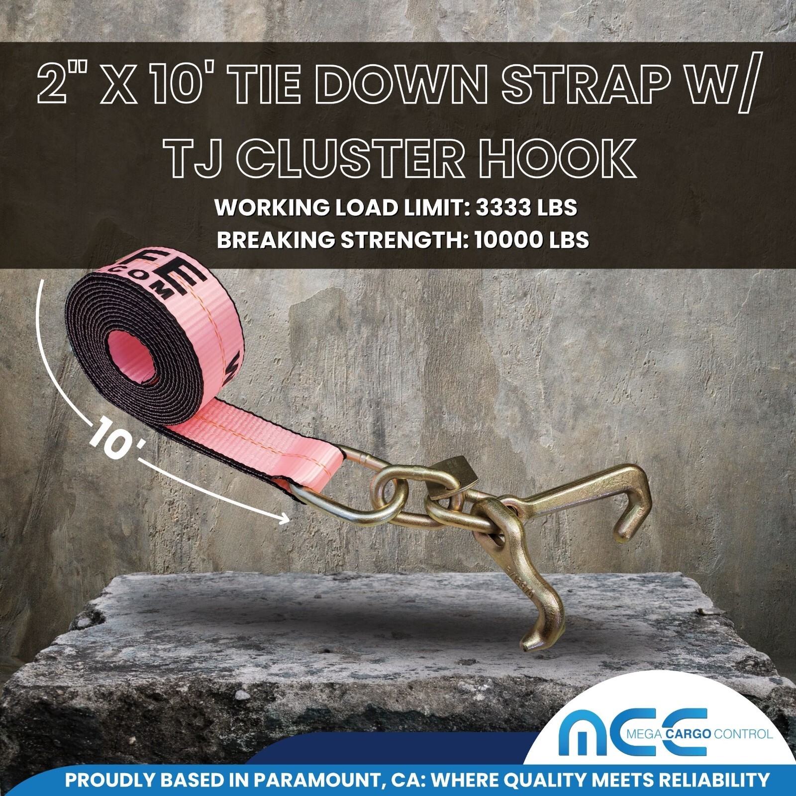 Heavy Duty 2″ x 10′ TJ Cluster Hook Car Strap for Wrecker Tow Truck Auto Hauling