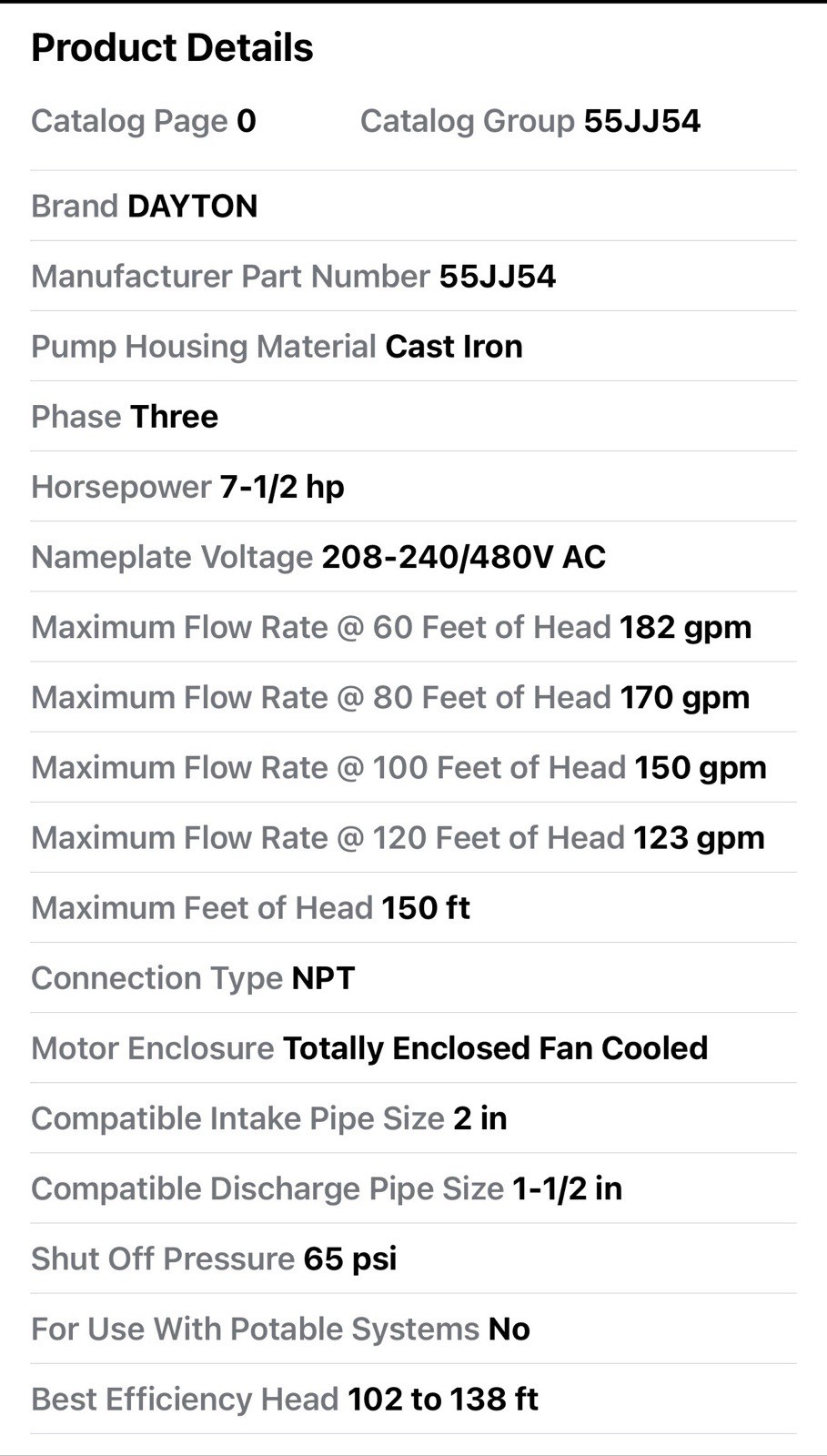 Dayton 55JJ54 Cast Iron 7-1/2 Hp Centrifugal Pump 208-230/460V, 1 1/2 in Intake