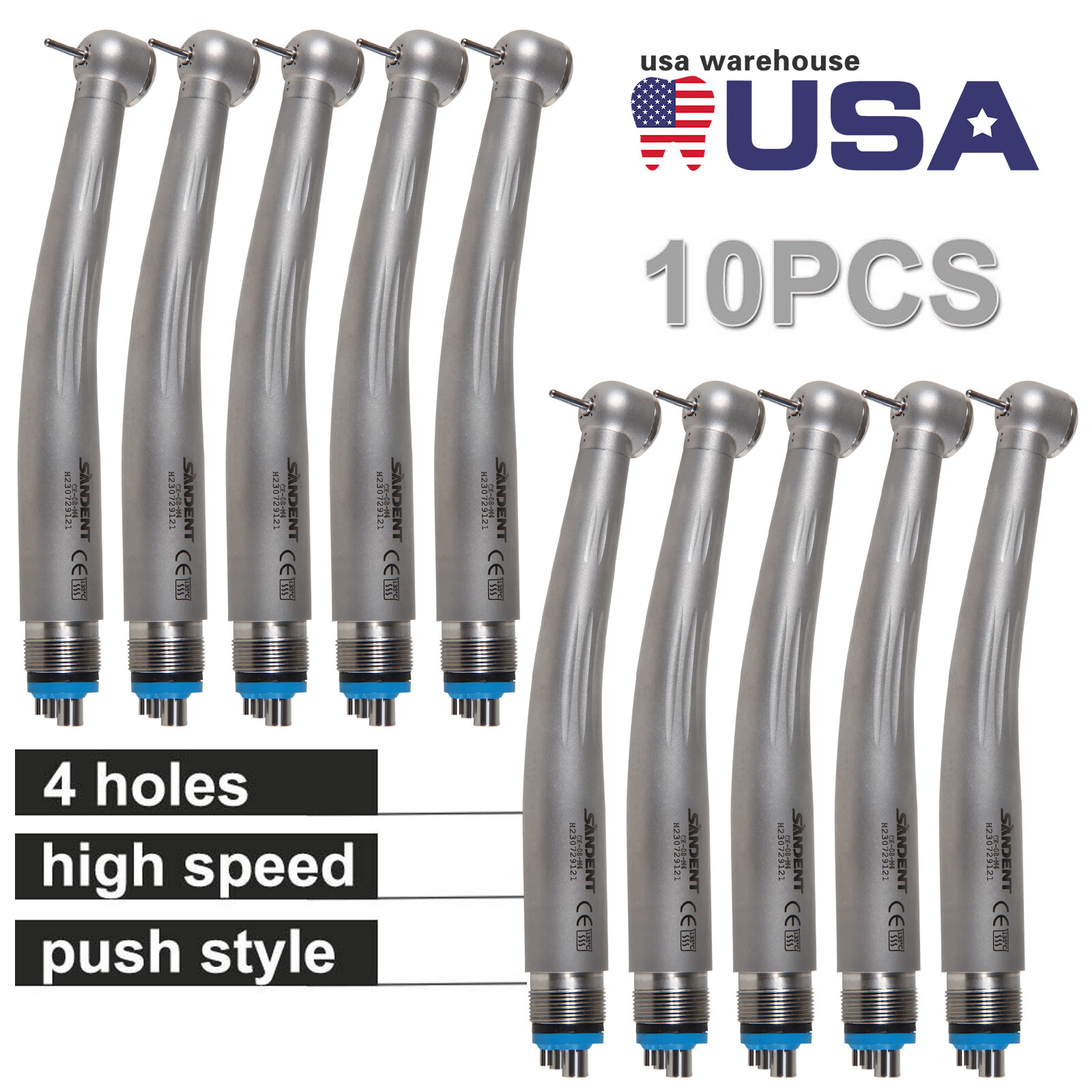 10pcs Dental High Speed Handpiece 4Hole Ceramic Rotor Standard head Single Spray