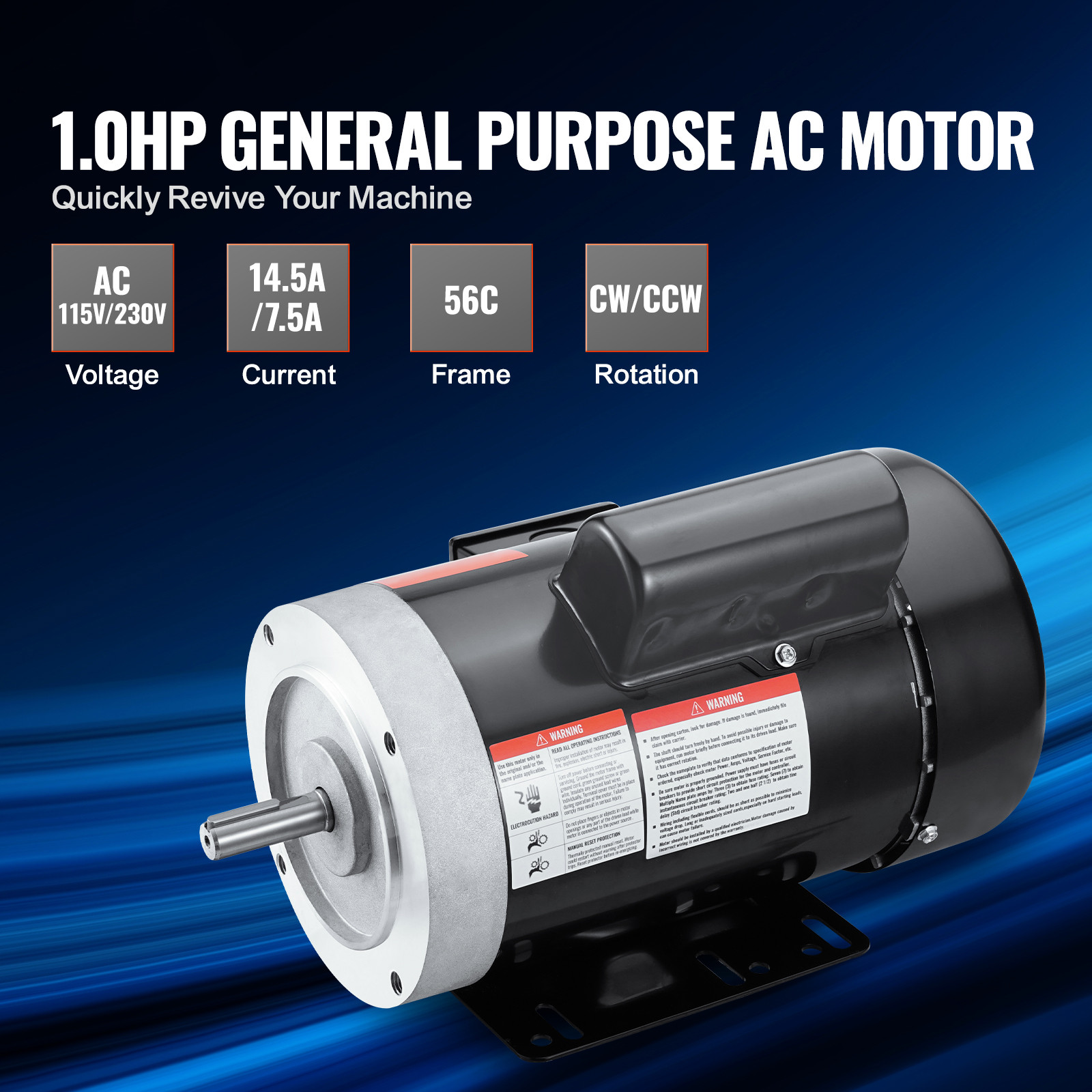 1HP Electric Motor 1725RPM AC115V/230V 56C Frame 1-Phase 5/8″ Keyed Shaft