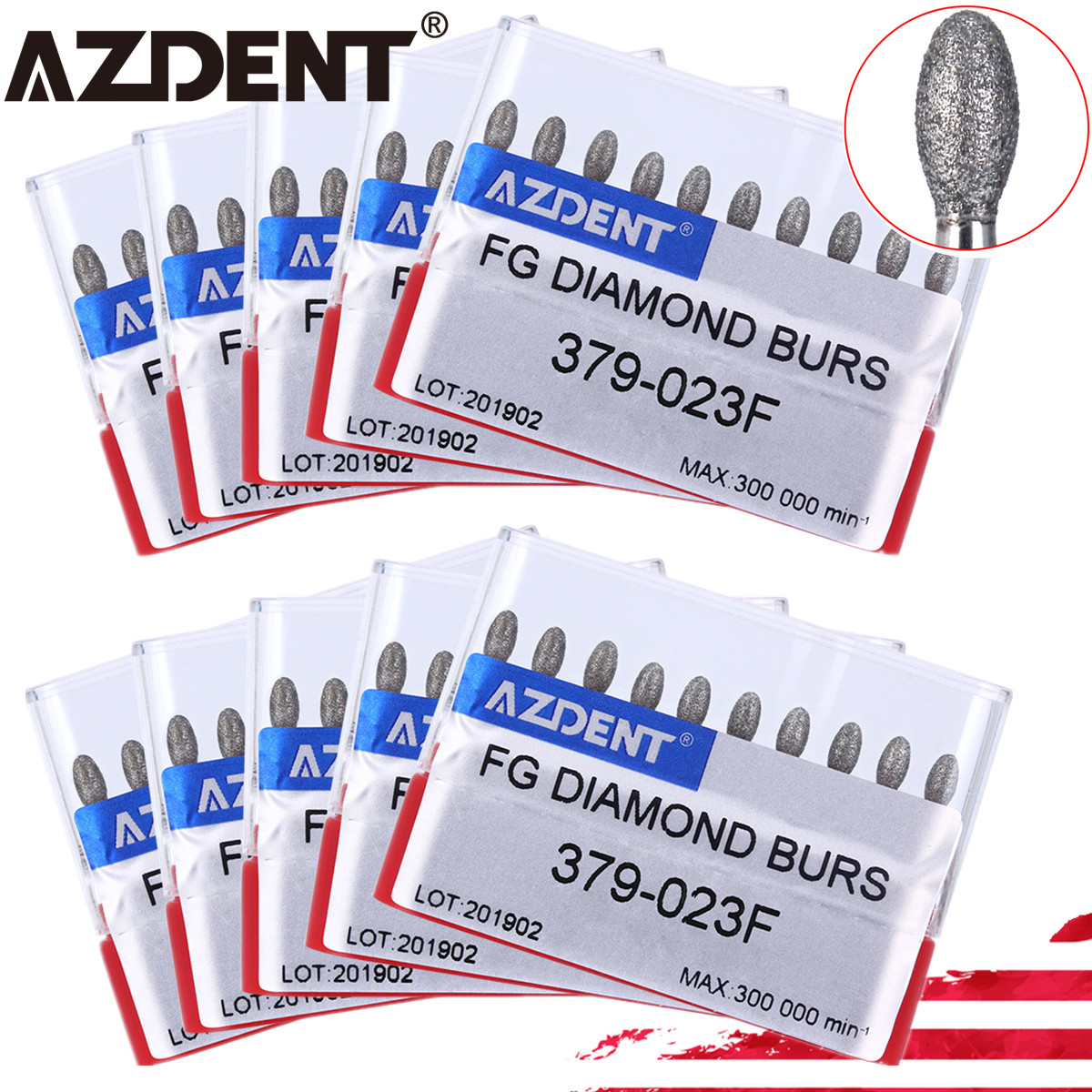 Dental Diamond Burs FG Handpiece Football Cut Fine Red Grit 368-023F / 379-023F