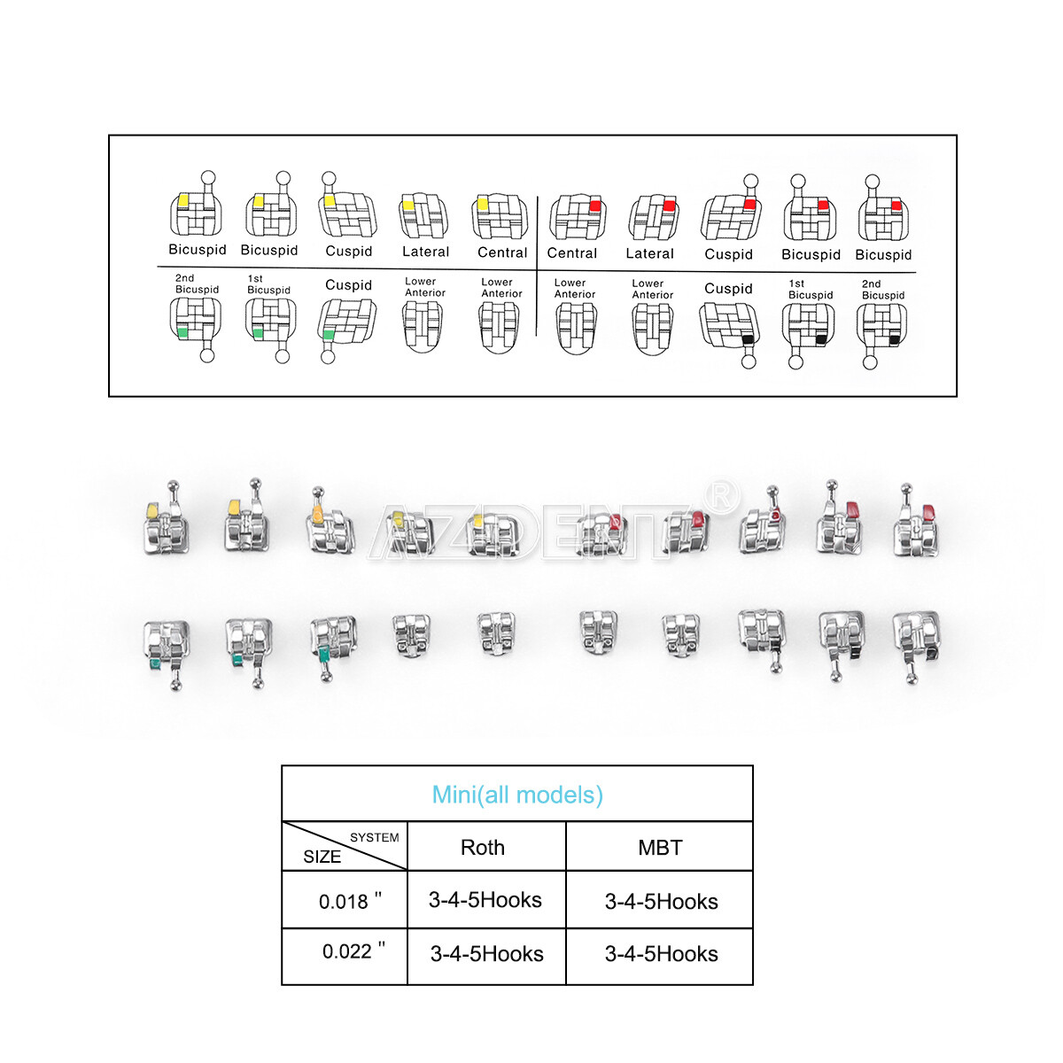 AZDENT Dental Orthodontic MIM Monoblock Brackets Braces Mini Roth/MBT 345 Hooks
