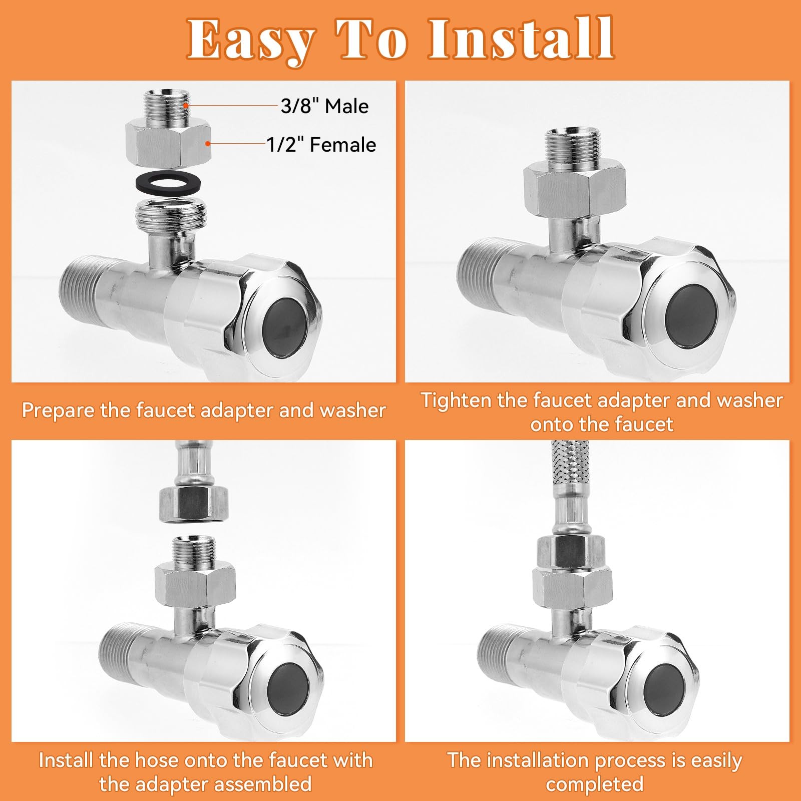 Water Line Adapter, 4 Pcs 1/2″ Female to 3/8″ Male Brass x 1/2″, Silver