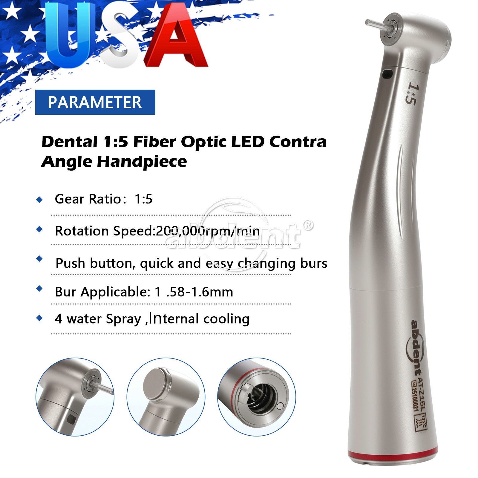 AbDent 1:5 Increasing Contra Angle Fiber Optic Handpiece for Electric Motor