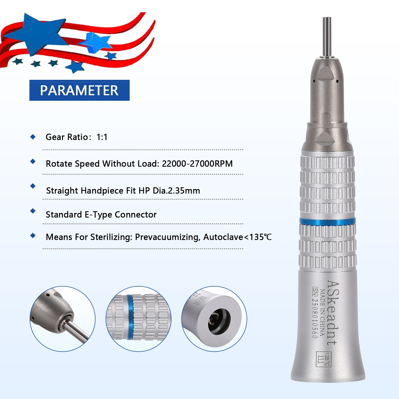 Dental Low Speed handpiece Straight Nose Cone 1:1 Direct Drive YP FDA