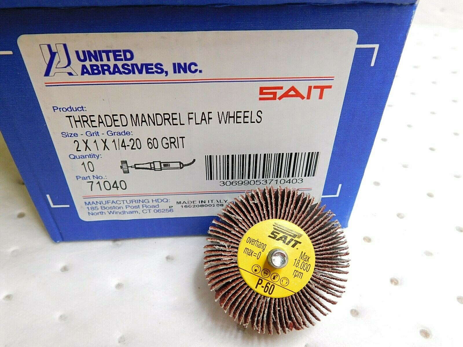 Sait Unmounted Flap Wheel Aluminum Oxide 2″ x 1″ x 1-1/4-20 60 Grit Qty 10 71040