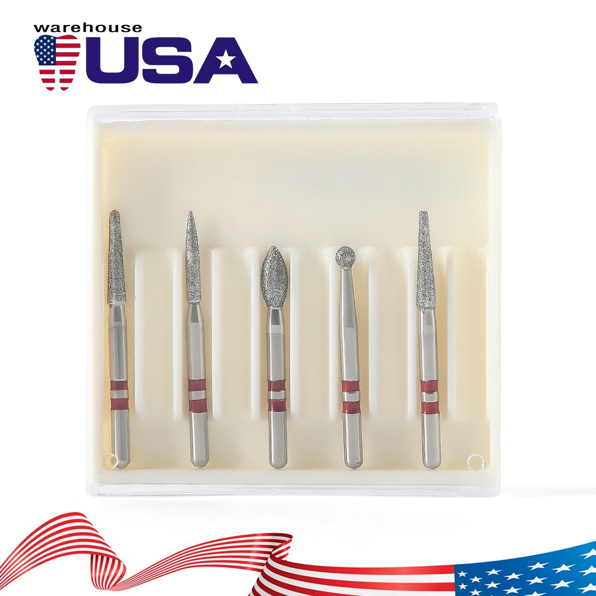 5pcs Dental Diamond Zirconia Cutting Burs Kit FG 1.6mm Fit High Speed Handpiece