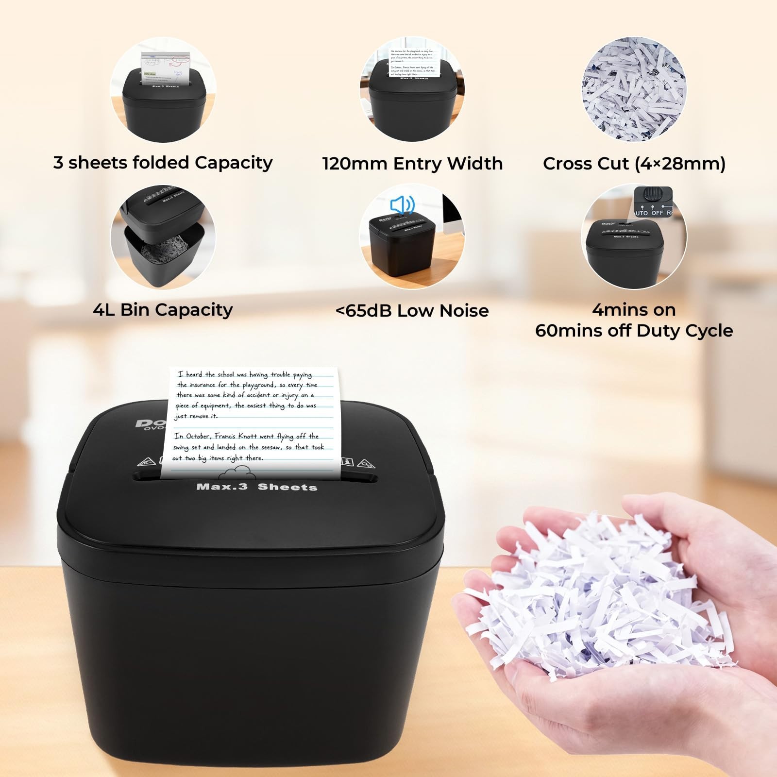 Mini Paper Shredder, Cross Cut, Auto Start/Stop, 3-Sheet Capacity, Quiet 65dB,