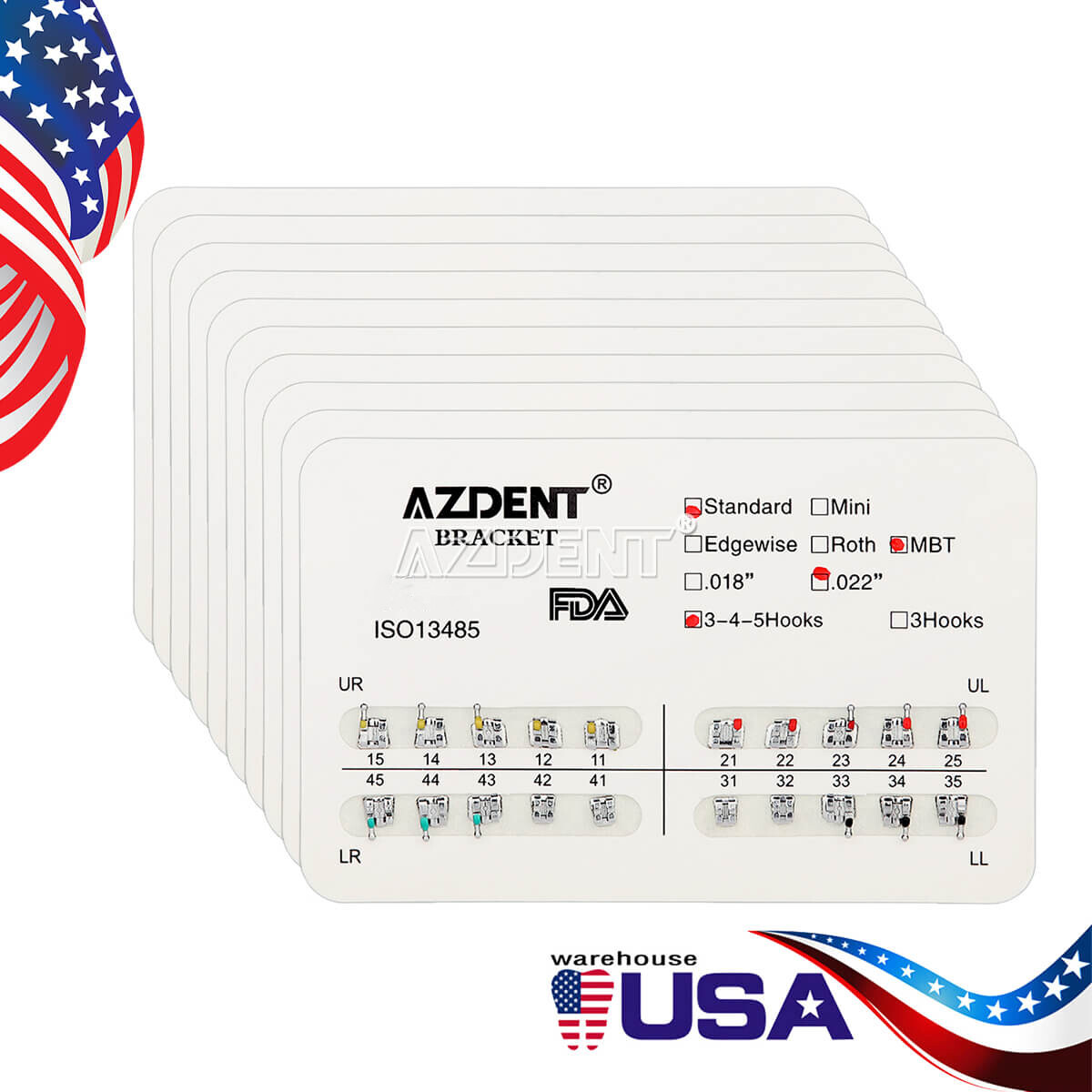 AZDENT Dental Orthodontic Metal Brackets Braces Standard MBT.022 Hooks 345