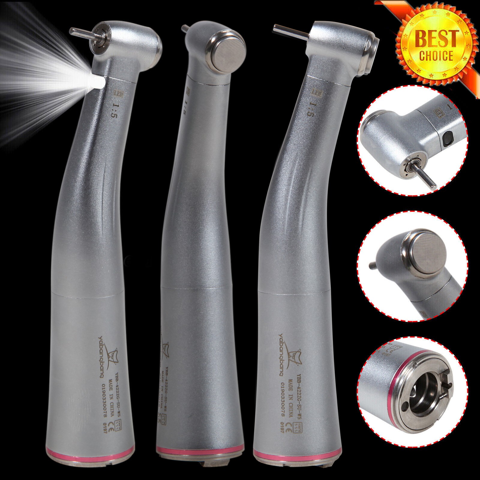 NSK Ti-MAX X95L Style Dent 1:5 LED Fiber Optic Contra Angle Handpiece Red Ring