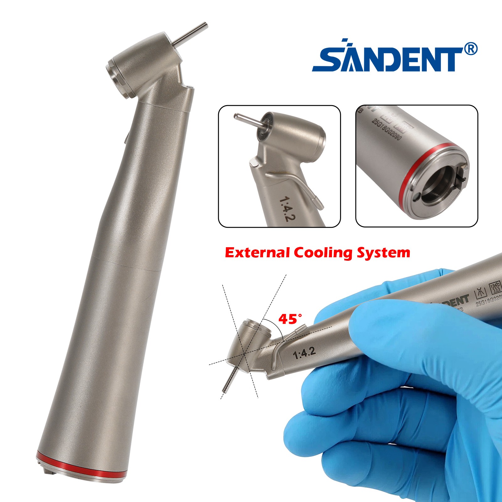 Dental Optic Fiber LED 1:4.2 Increasing Handpiece 45°Angle Head External Channel