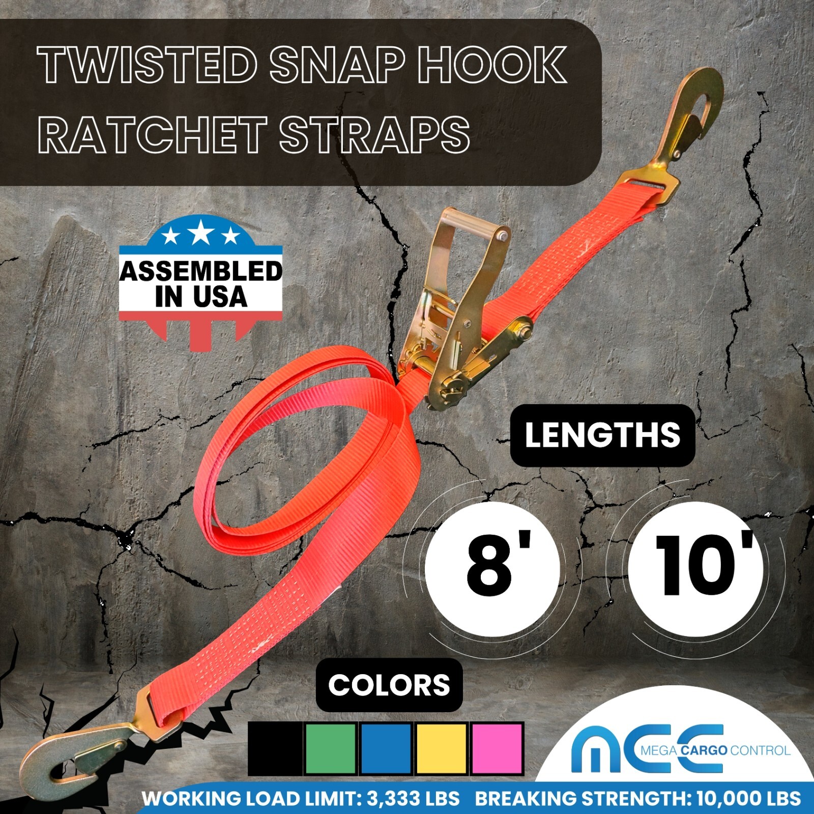 USA 2″ x 8′ 10′ Ratchet Strap w/Snap Hook for Car Hauler Flatbed Trailer Wrecker