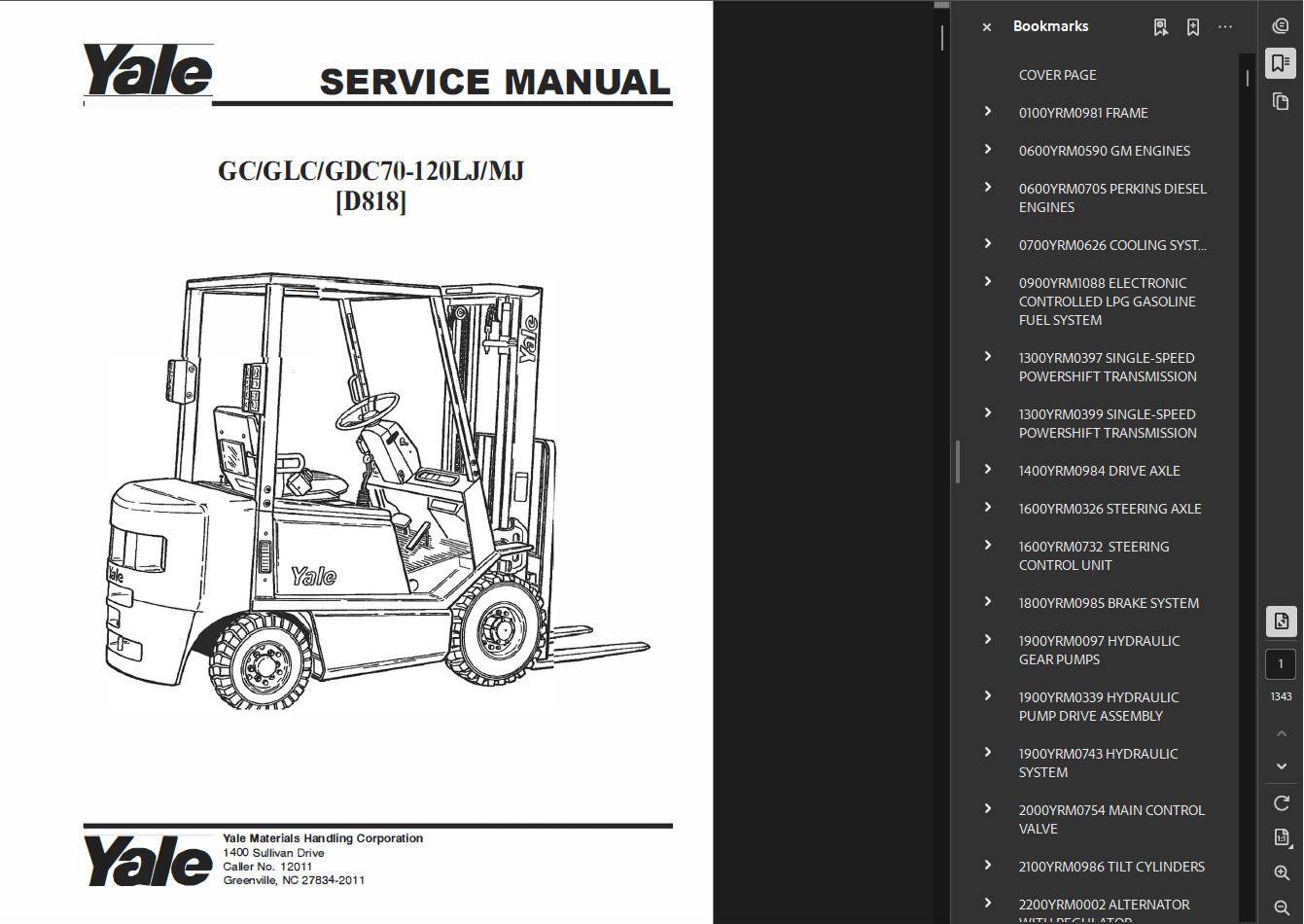YALE D818 GC100MJ FORKLIFT SERVICE REPAIR MANUAL PDF ON USB NOT PRINTED