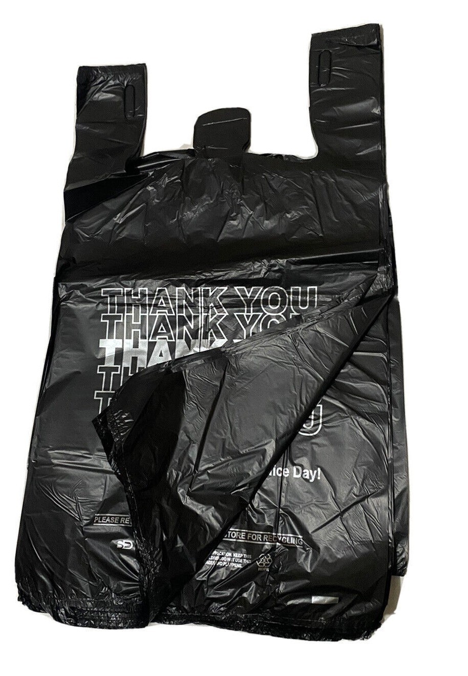 Bags 1/6 Large 21 x 6.5 x 11.5 Black THANK YOU T-Shirt Plastic Shopping Bags