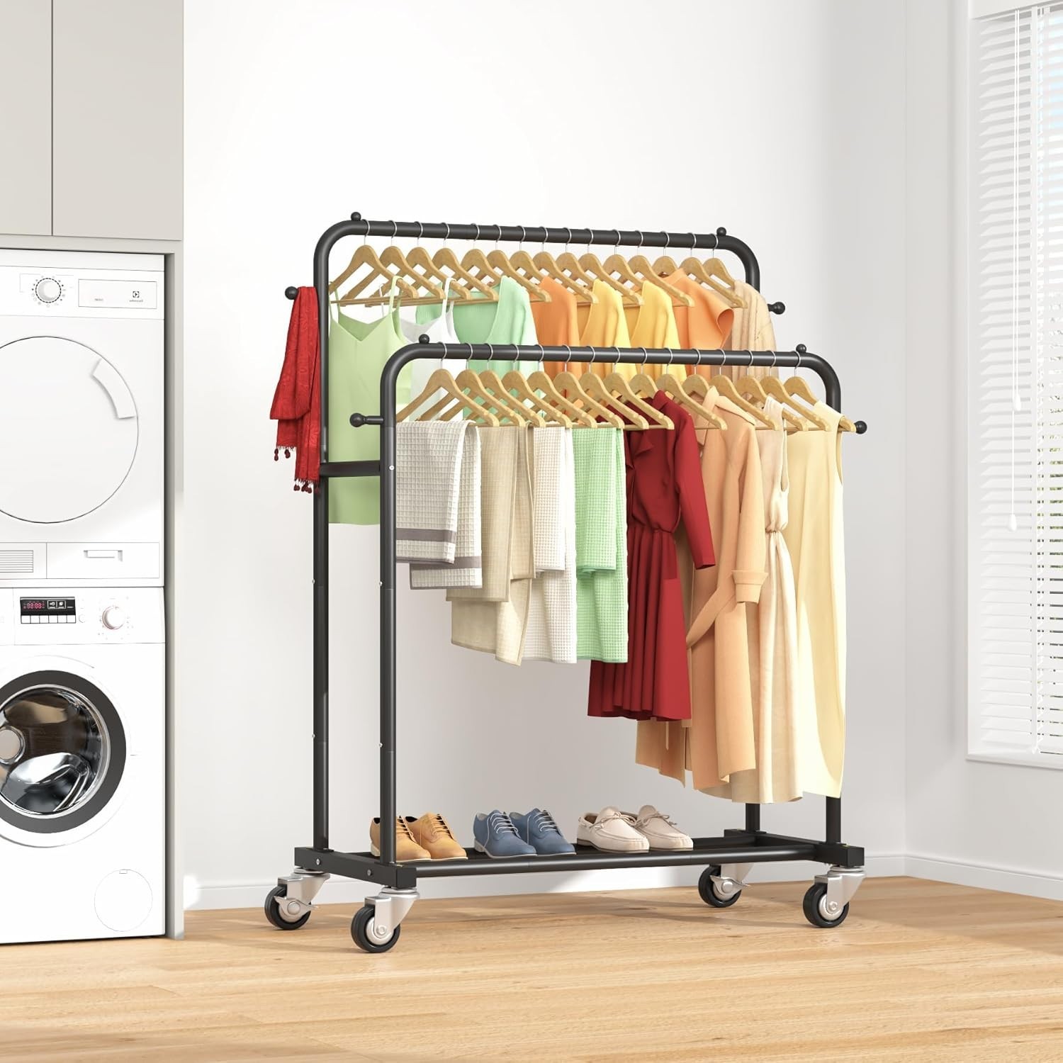 Black Double Rods Garment Rack with Wheels – 150lbs Capacity