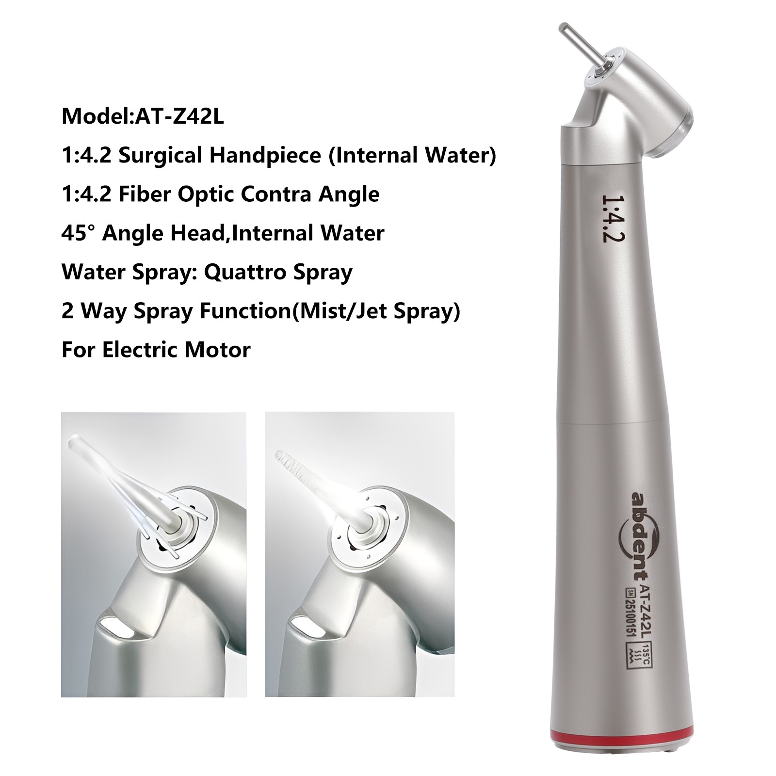 abdent 45° Angle Head Contra Angle LED Optic 1:4.2 Handpiece Inner Water Spray