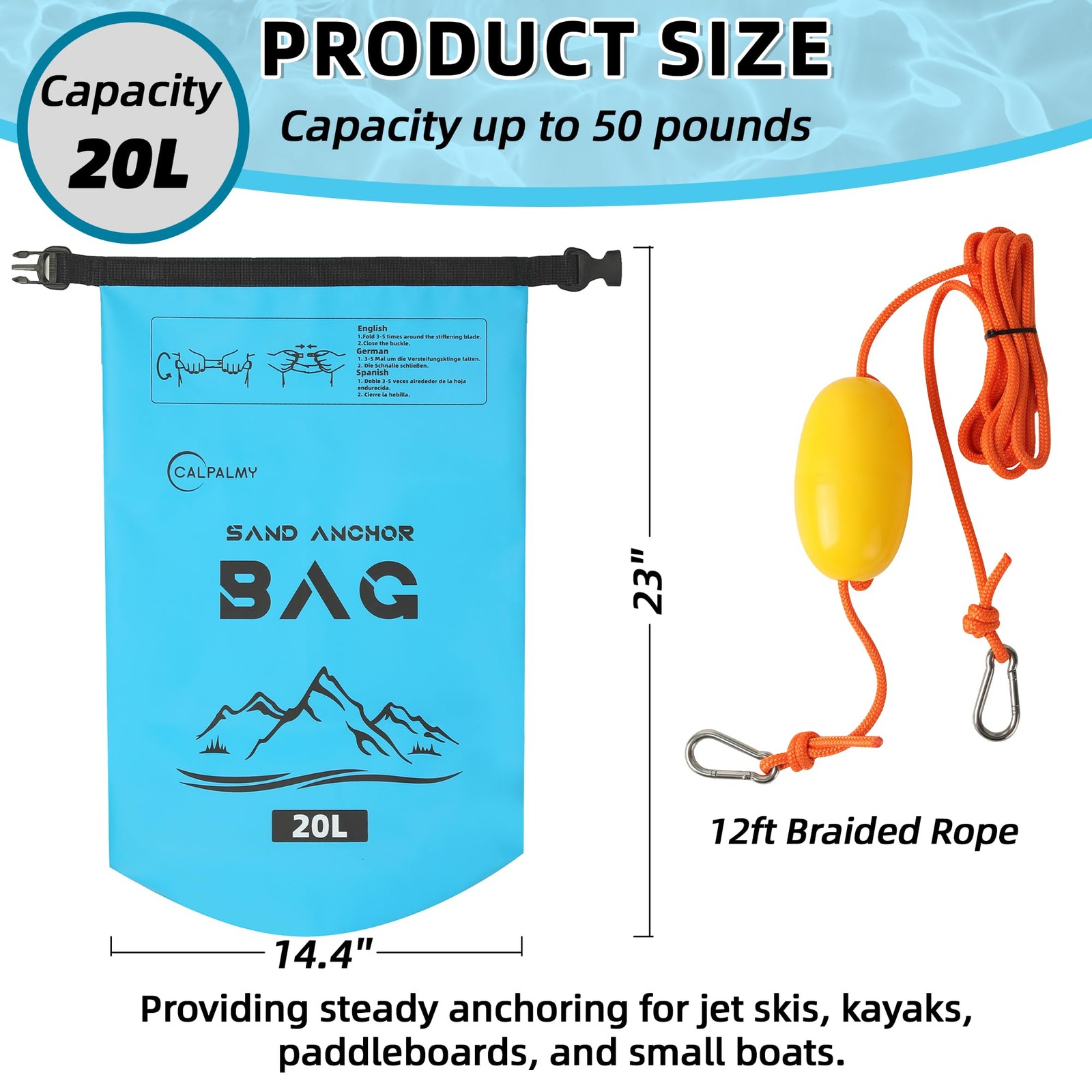Calpalmy 1-Pack 20L Sand Anchor Bag 2-In-1 Jet Ski Anchor Floating Buoy And