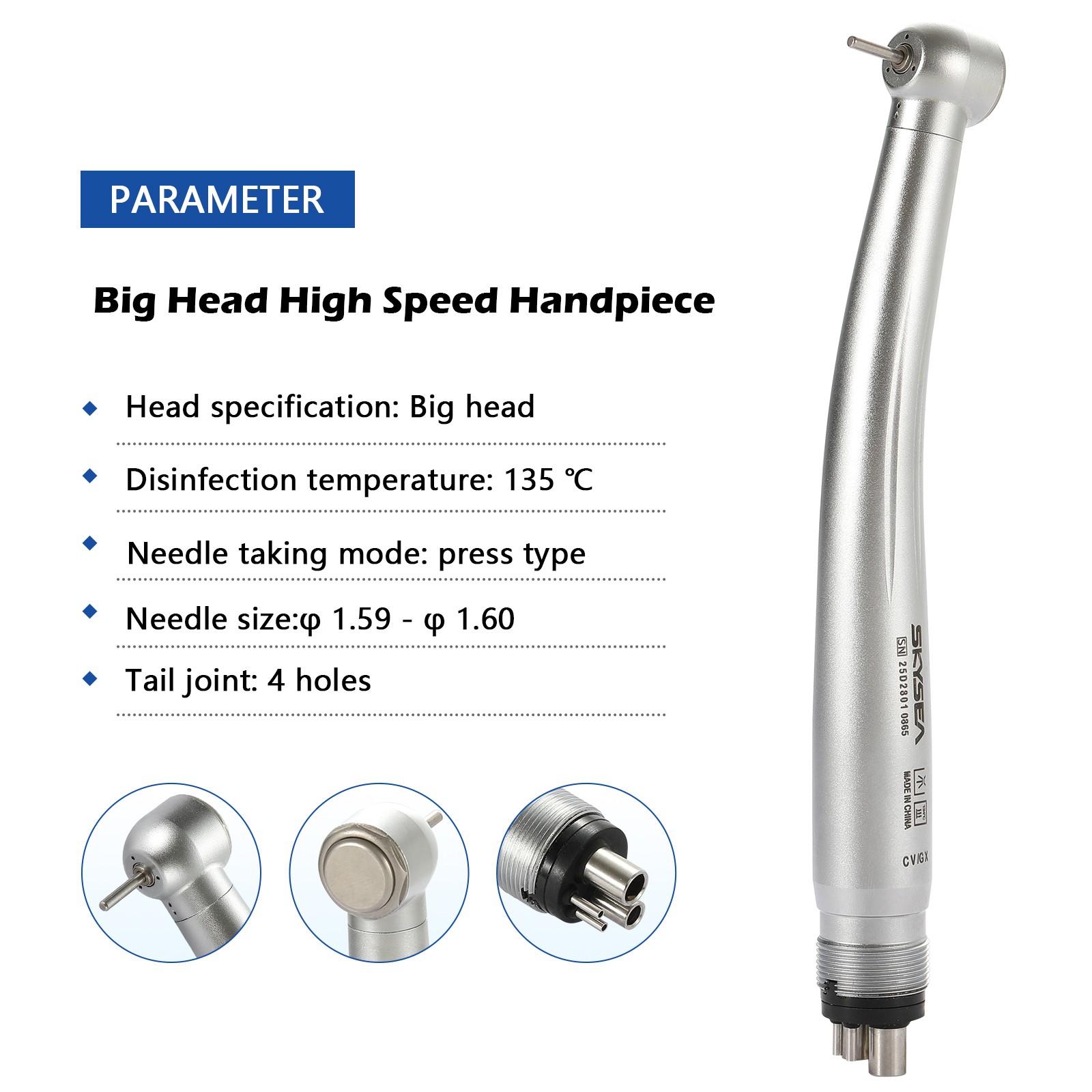 1-5 SKYSEA Dental High Speed Handpiece Big Head Push Button Type 4Hole FG 1.60mm