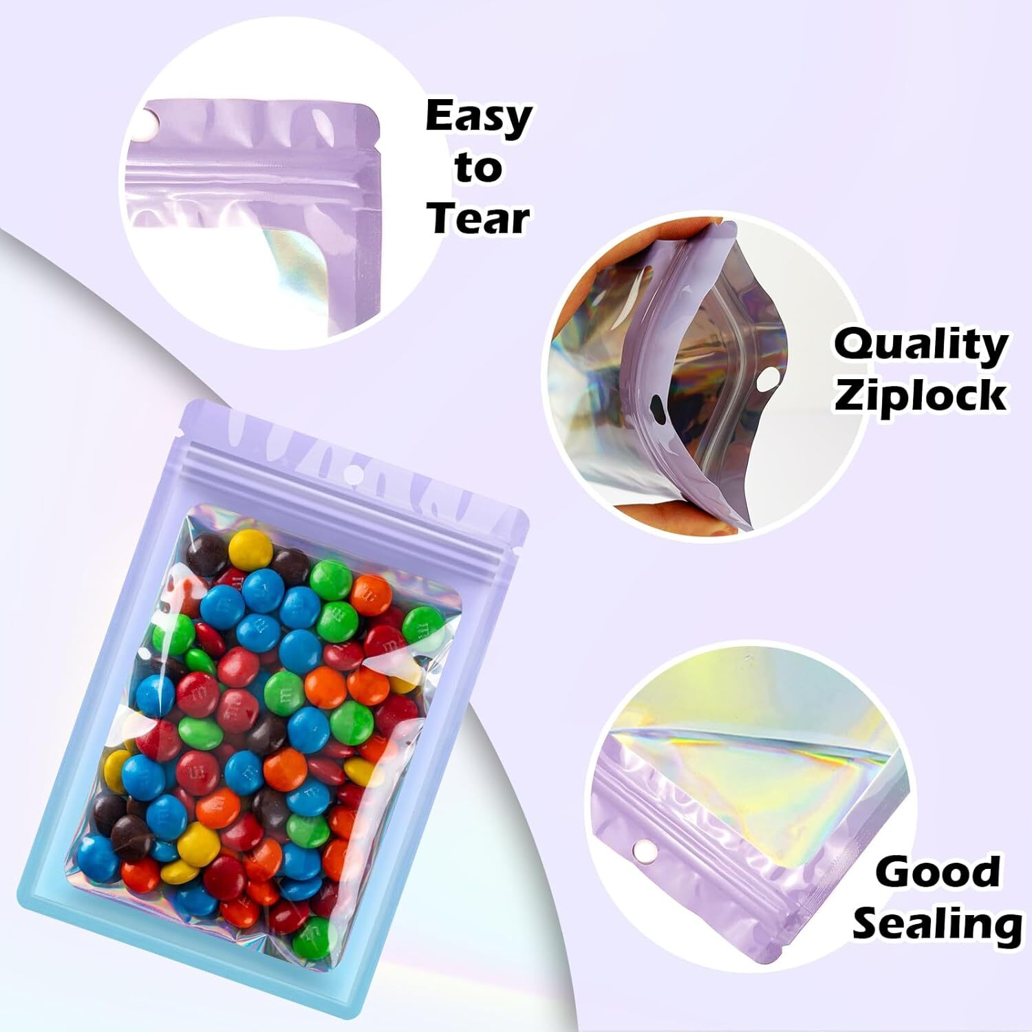 100 Holographic Mylar Foil Bags 4×6 in Smell Proof Resealable Zipper Pouch Food
