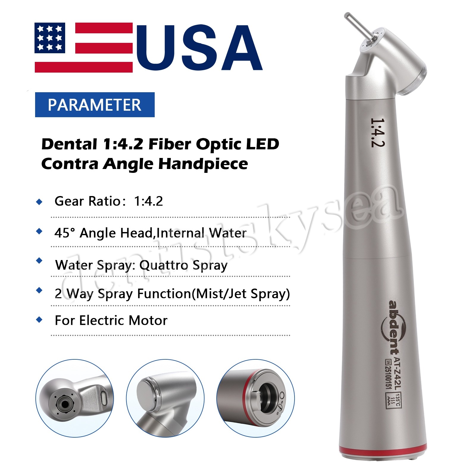 abdent 45° Angle Head Contra Angle LED Optic 1:4.2 Handpiece Inner Water Spray