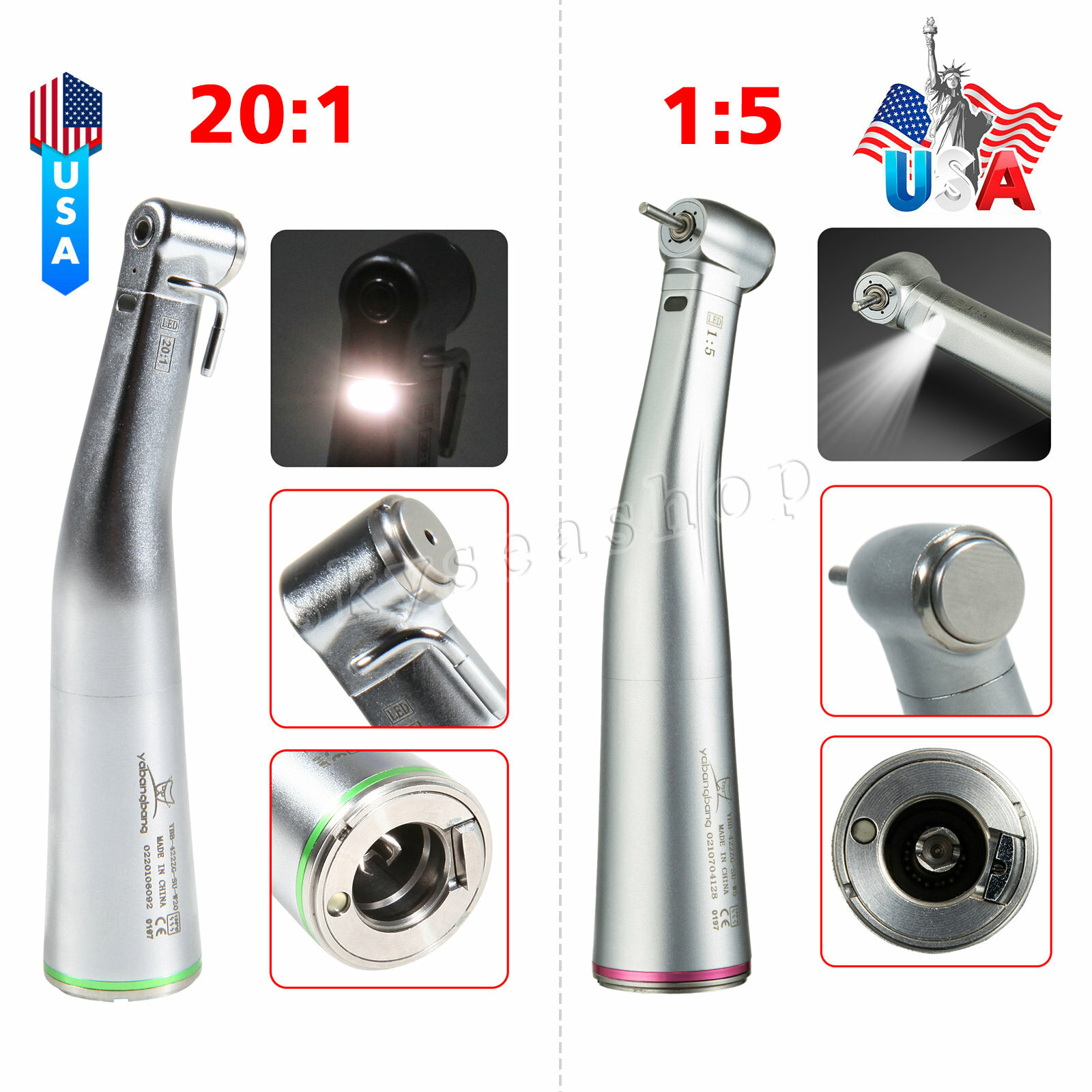 Dental LED 1:5 / 20:1 Implant Contra Angle Fiber Optic handpiece for KAV/NSK dt