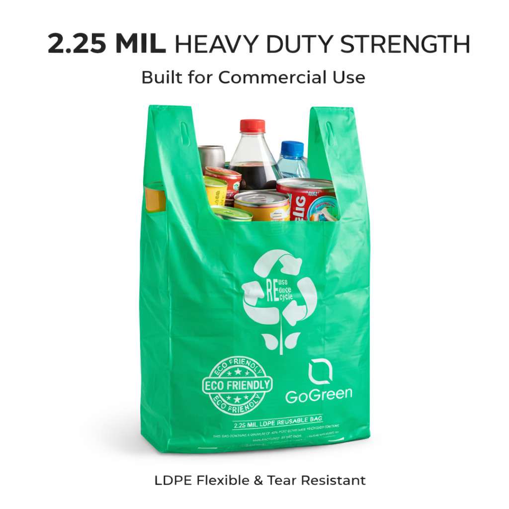 “Green T-Shirt Bags 1/6 Size 2.25 Mil Reusable Heavy Duty Plastic Grocery Sacks”