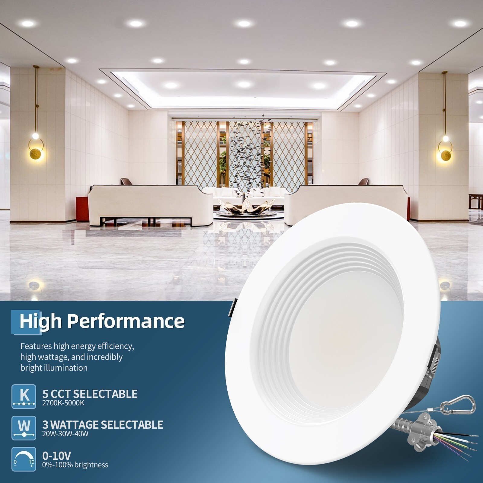 6 Inch LED Commercial Downlight,27W Recessed Ceiling Light Power &CCT Adjustable