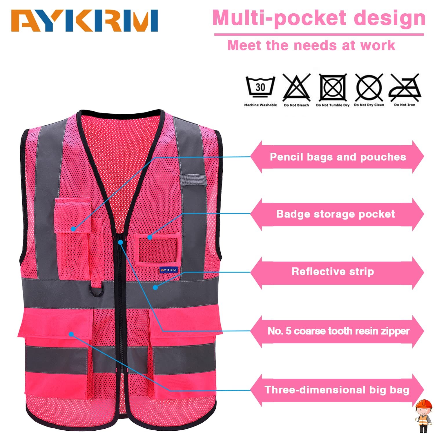 Xsmall Pink High Visibility Mesh Safety Reflective Vest With Pockets And Zipper