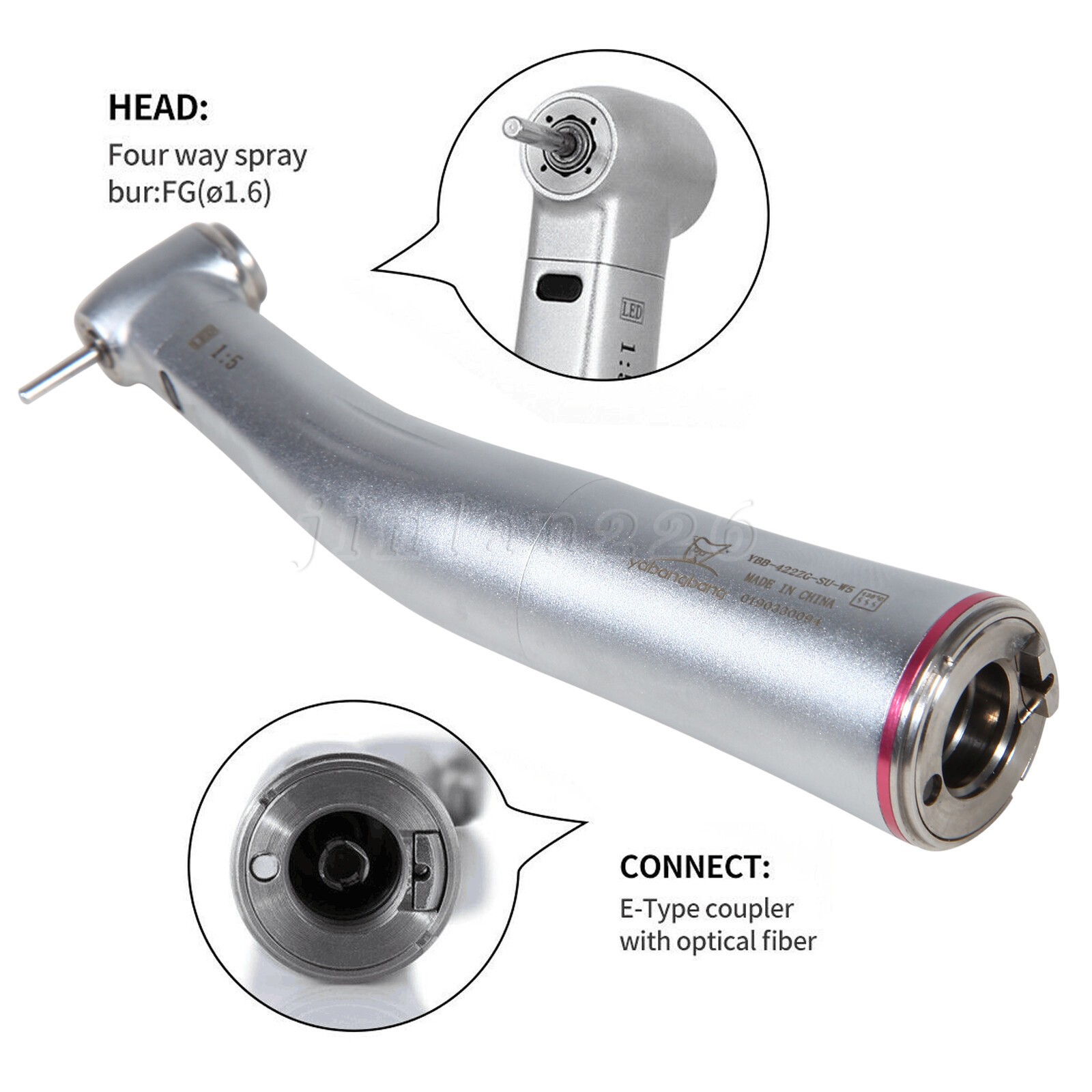 NSK Ti-MAX X95L Style Dental 1:5 LED Fiber Optic Contra Angle Handpiece Red Ring