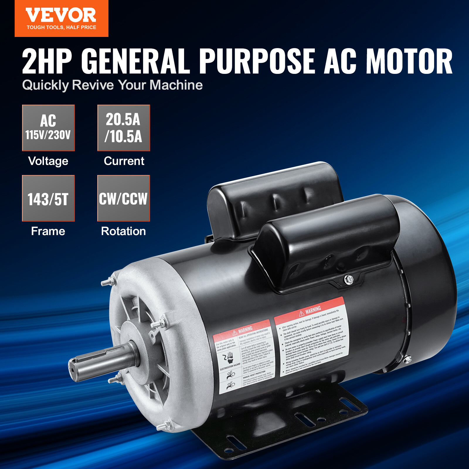 VEVOR 2HP Electric Motor 1725RPM 143/5T Frame 1-Phase 7/8″ Key Shaft 115/230V
