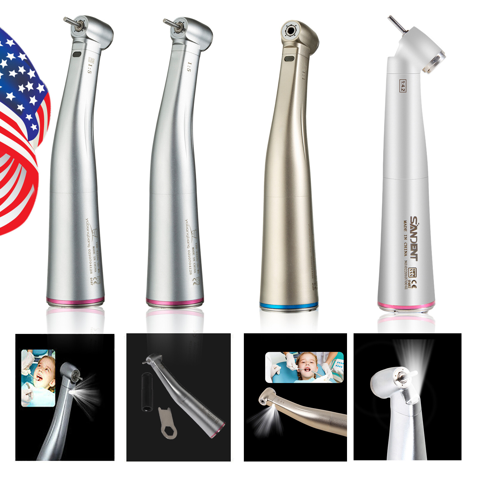 NSK Style Dental 1:1 1:4.2 1:5 fibra óptica LED Contra ángulo Pieza de mano USA