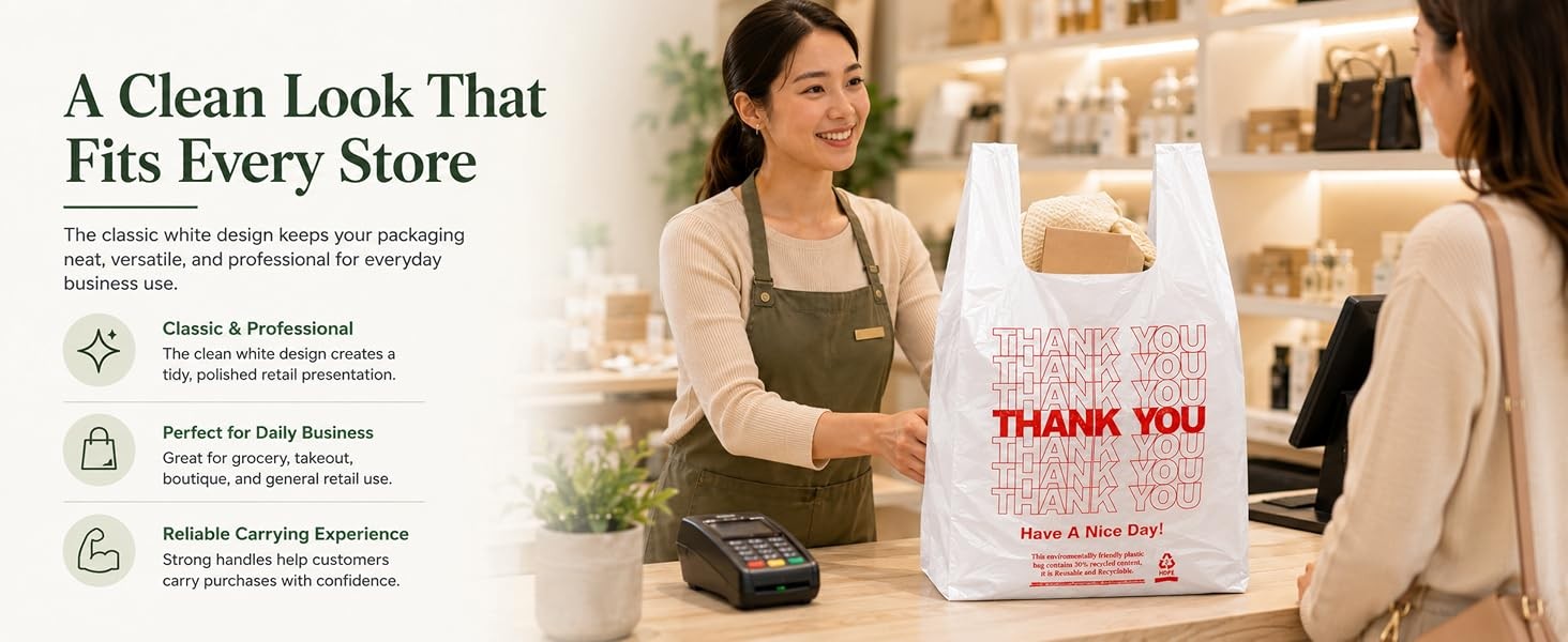 100 Count White Thank You T-Shirt Bags, 11 x 6 x 21 in | Durable HDPE with