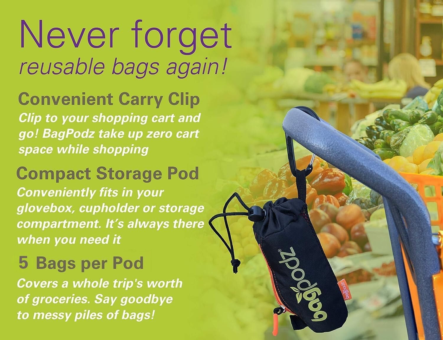 BagPodz Sturdy Reusable Grocery Bags Foldable and 5-Pack, Orange – 5