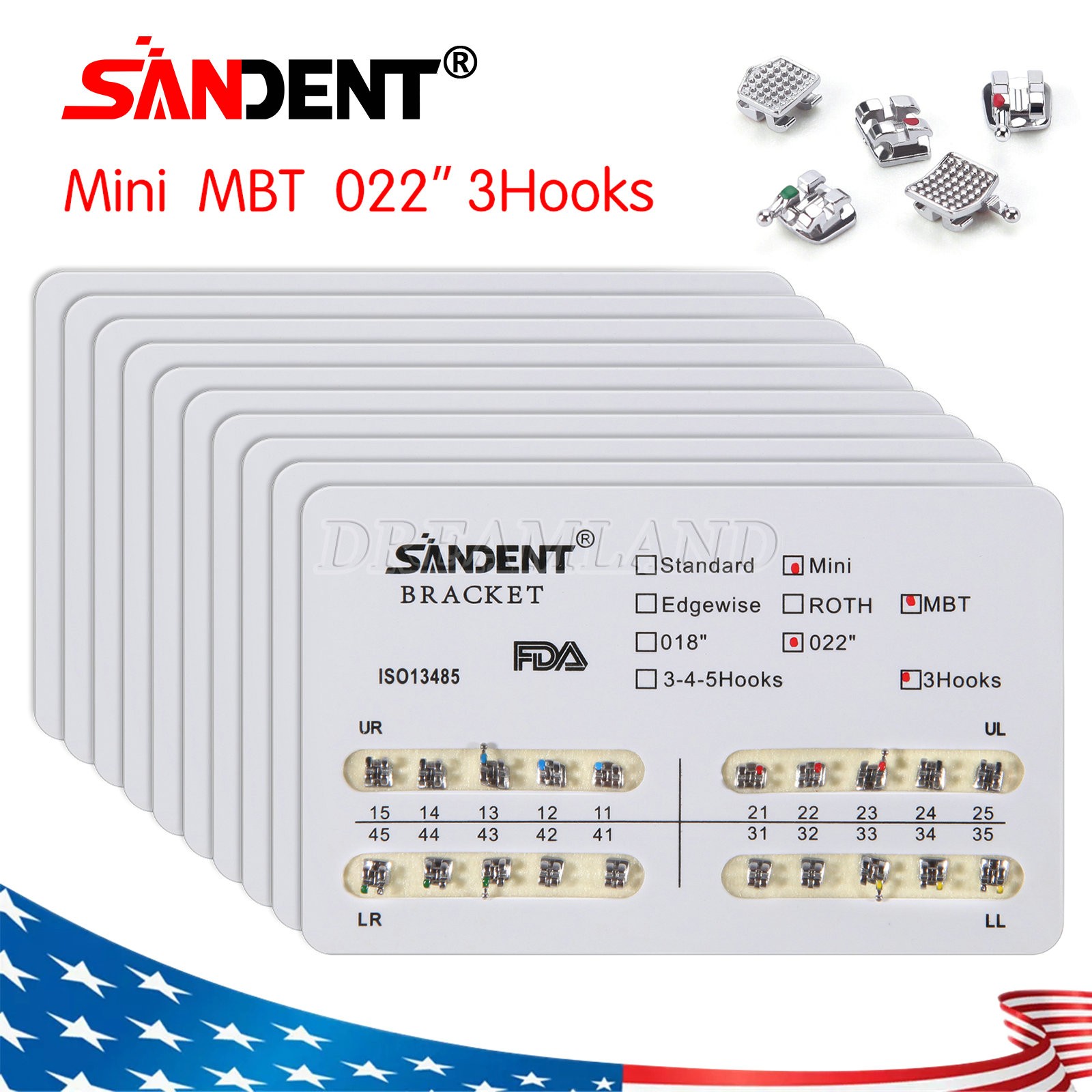 10kits SANDENT Dental Brackets Braces Orthodontic Mini MBT0.022″ Hooks 3-