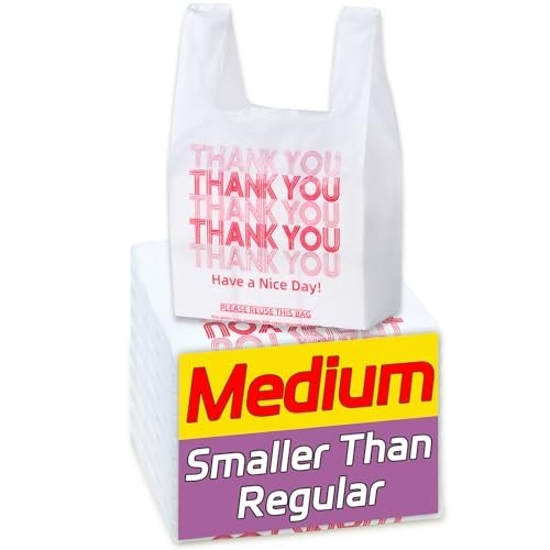 Medium Size 100 Count Plastic Bags with Handles, T-Shirt Bags, Thank You bags, S