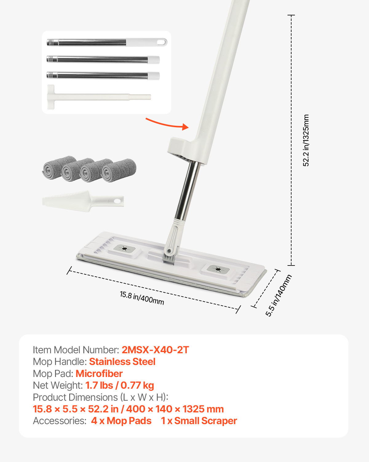 VEVOR Microfiber Flat Mop with 4 Mop Pads Flat Mop for Dry and Wet Floor